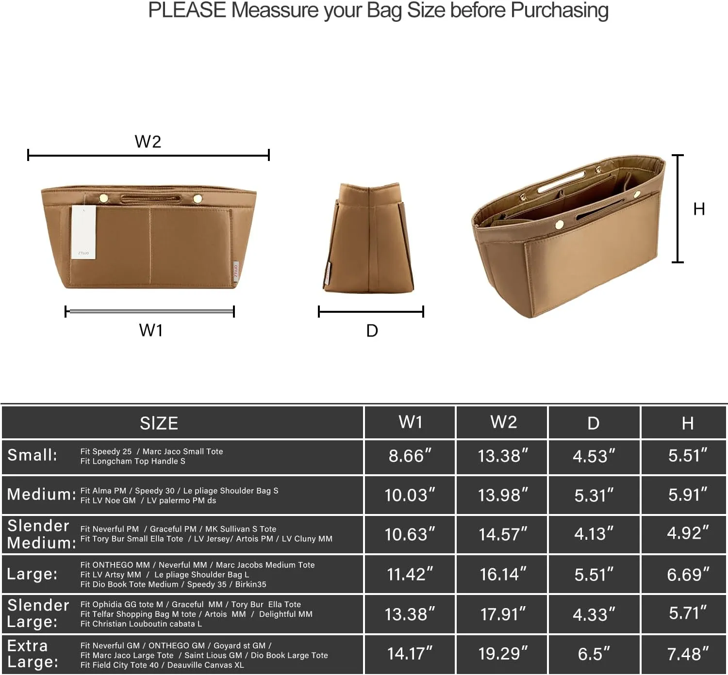 ZTUJO Purse Organizer Insert For Handbag & Tote Shaper,Tote Bag Organizer Insert For Speedy Neverful, 6 Sizes(X-Large,Silky Brown)